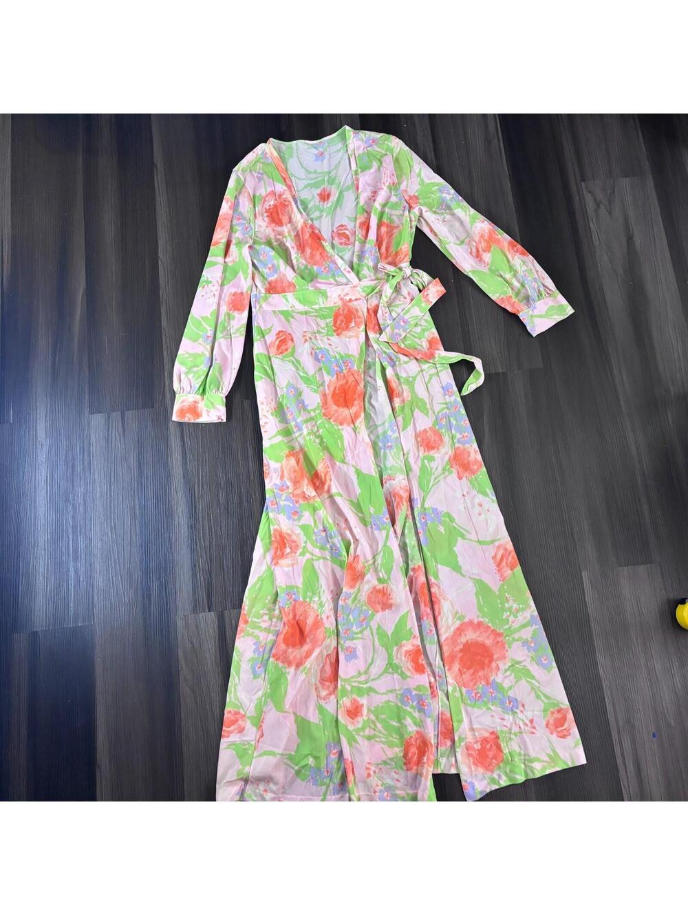 Vintage 70's Sears Pink Travel Dressing Robe Size S/M Wrap Green Orange Floral